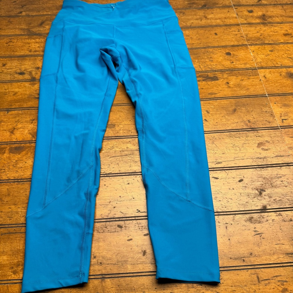 Layer 8 Womens High Waisted Cropped Leggings Turquoise Blue with‎ Pockets Large